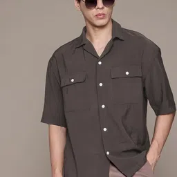 MANGO MAN Drop-Shoulder Sleeves Cuban Collar Relaxed Fit Shirt-image-45