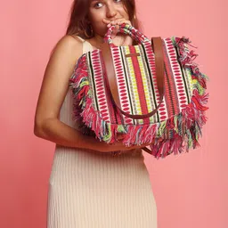 ENSAC Women Geometric Printed Oversized Cotton Shoulder Bag with Fringed-image-47