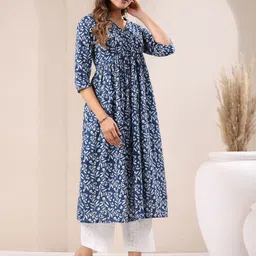 Janasya Women Blue Pure Cotton Floral Printed A-line Kurta-image-41