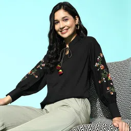 Sangria Black & Green Floral Tie-Up Neck Crepe Top-image-43