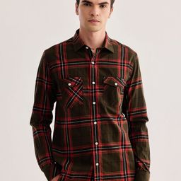 Red Flame Tartan Checked Spread Collar Cotton Casual Shirt-picture-48