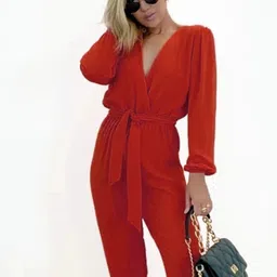 LULU & SKY V-Neck Puff Sleeves Waist Tie Up Basic Jumpsuit image 4