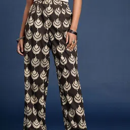 Taavi Hand Block Printed Relaxed Straight Leg High-Rise Pleated Cotton Trousers-picture-17