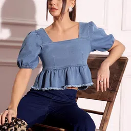 Miss Chase Women Solid Puff Sleeve Cotton Denim Crop Top-picture-12