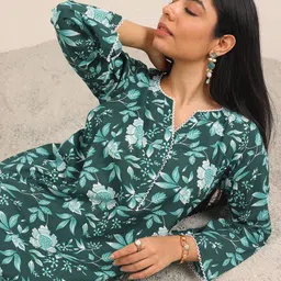 Libas Floral Printed Notch Neck Straight Short Kurta With Salwar-image-36