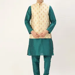 SOJANYA Men Teal Blue & Cream-Coloured Solid Kurta with Churidar & Nehru Jacket-picture-4