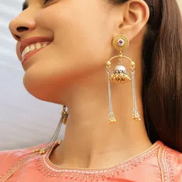 Rubans Dual-Tone Oxidised Silver-Plated Gold Beaded Dome Jhumka with Ruby & Chain Dangles-picture-33