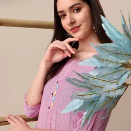 KALINI Woven Striped Thread Work Kurta with Trousers image 4