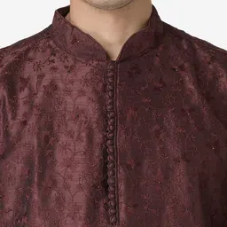 here&now x sanwara Sanwara Men Burgundy Embroidered Kurta with Pyjamas image 5