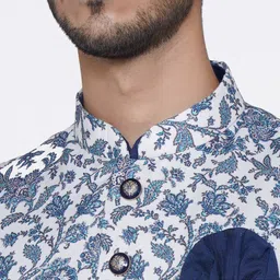 Manu Men Blue Solid Kurta & Churidar with White Nehru Jacket image 3