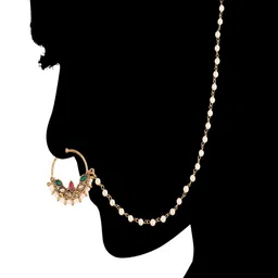 I Jewels Gold-Plated & Red Pearl Beaded Chained Nose Ring image 3