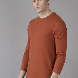 Roadster Men Rust Orange Checked Waffle Weave T-shirt image 3