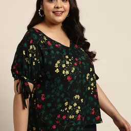 Sztori Women Plus Size Black & Yellow Floral Print Puff Sleeves Top image 3