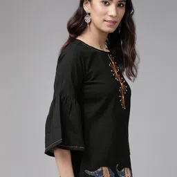 YASH GALLERY Black & Mustard Yellow Embroidered Top With Applique image 4