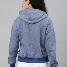 Campus Sutra Women Blue & White Striped Waist Tie-Up Hooded Sweatshirt image 2