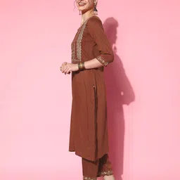 Varanga Women Rust Ethnic Motifs Embroidered Kurta with Trousers & With Dupatta image 4