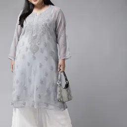 ADA Women Plus Size Grey Ethnic Motifs Chikankari Embroidered Georgette Handloom Kurta With Slip image 5