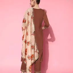 Varanga Women Rust Ethnic Motifs Embroidered Kurta with Trousers & With Dupatta image 5