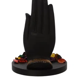 eCraftIndia Black Meditating Buddha Under Palm Decorative Showpiece With Wooden Base image 4