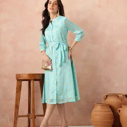 all about you Printed Belted Satin Finish Ethnic Shirt Midi Dress-picture-33