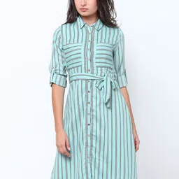 Tokyo Talkies Women Green Striped Shirt Dress-image-69