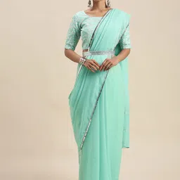 Mitera Turquoise Blue Sequinned Border Saree-image-0