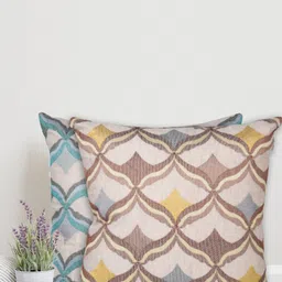 Home Set Of 2 Beige & Turquoise Blue Geometric Square Cushion Covers image 1