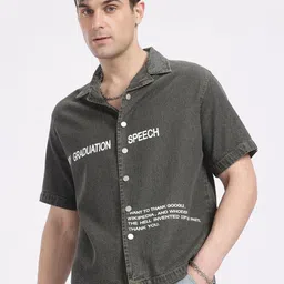 glitchez New Age Graduate Typography Print Denim Shirt image 4