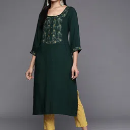 Libas Green Floral Yoke Design Thread Work Kurta image 5