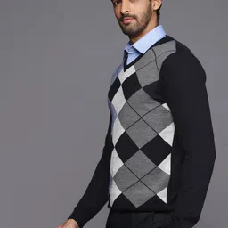 Louis Philippe Men Navy Blue & Grey Argyle Pattern Pullover image 5