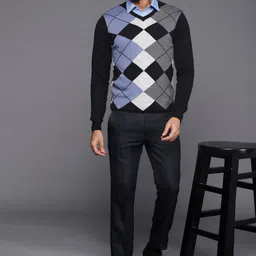 Louis Philippe Men Navy Blue & Grey Argyle Pattern Pullover image 3