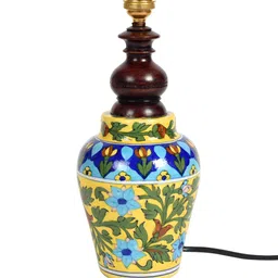 Unravel India Yellow & Blue Printed Handcrafted Mughal Art Table Lamp image 4