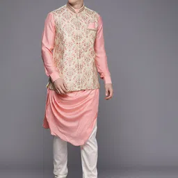 Manyavar Men Peach-Coloured & Beige Kurta & Churidar with Jacket image 2