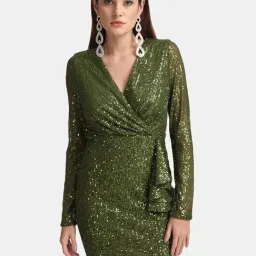 Kazo Olive Embellished Wrap Dress-image-25