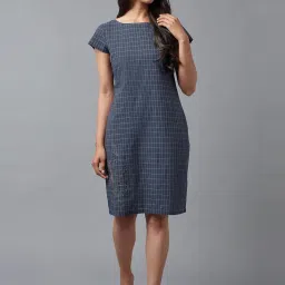 W Blue Cotton Chequered A-Line Dress image 1