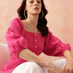 all about you Square Neck Puff Sleeves Button-Down A-Line Top-picture-21