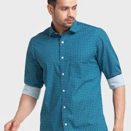 ColorPlus Blue Cotton Tailored Fit Printed Shirt image 3