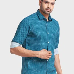 ColorPlus Blue Cotton Tailored Fit Printed Shirt image 4