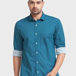 ColorPlus Blue Cotton Tailored Fit Printed Shirt image 1