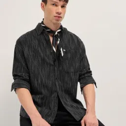 The Bear House Black Cotton Striped Regular Fit Shirt-image-11