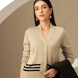 Chemistry Striped V-Neck Center Front Open Cardigan with Ribbed Hem-picture-11