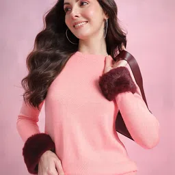 DressBerry Round Neck Pullover With Faux Fur Trim-picture-35