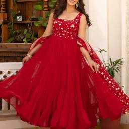 TextileNow Women Floral Embroidered Tiered Sequinned Kurta with Churidar & With Dupatta image 2