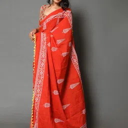 JAIPURI PRINT Ethnic Motifs Pure Cotton Half& Half Pompom Border Saree image 3