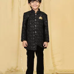 AJ Dezines Full Sleeves Abstract Motif Sequins Embroidery Indo Western Sherwani With Pant Set - Black-picture-30