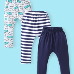 Babyhug Cotton Knit Full Length Diaper Pants Stripes & Hippo Print Pack Of 3- Grey White & Blue-picture-18