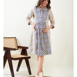 The Kaftan Company Three Fourth Sleeves Abstract Blocks Printed Maternity Skater Dress With Nursing Access - Blue-picture-11