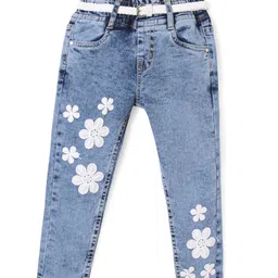 Babyhug  Full Length With Stretch Denim Washed Jeans  with Floral Applique - Blue-image-60