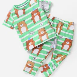 Babyhug Cotton Half Sleeves Night Suit With Bear Print-Green-picture-18