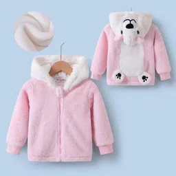 Kookie Kids Full Sleeves Hooded Winter Fur Jacket with Patch & 3D Applique at Back - Pink-image-17